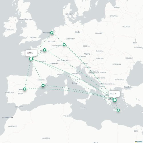 Mapa de vuelo directo Nantes - Atenas