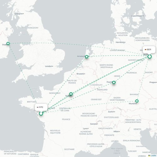 Mapa de vuelo directo Nantes - Berlín
