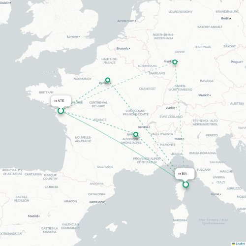 Mapa lotu bezpośredniego Nantes – Bastia