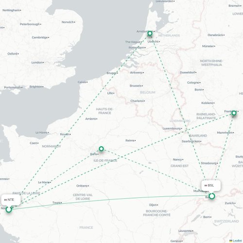Mapa de vuelo directo Nantes - Basilea, Suiza