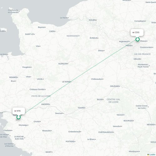 Mapa lotu bezpośredniego Nantes – Paryż