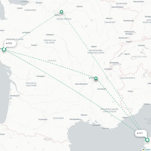 Mapa de vuelo directo Nantes - Calvi