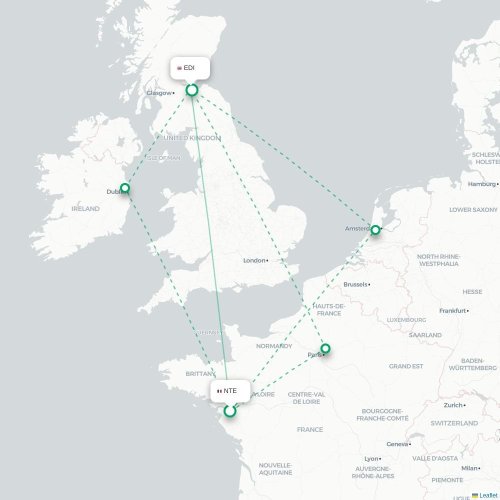 Mapa de vuelo directo Nantes - Edimburgo