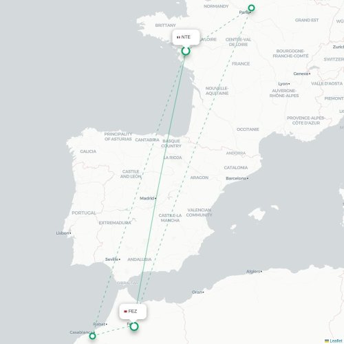 Mapa lotu bezpośredniego Nantes – Fez