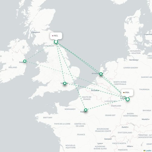 Mapa de vuelo directo Nantes - Fráncfort