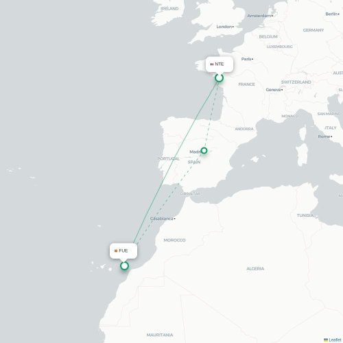 Mapa de vuelo directo Nantes - Puerto del Rosario