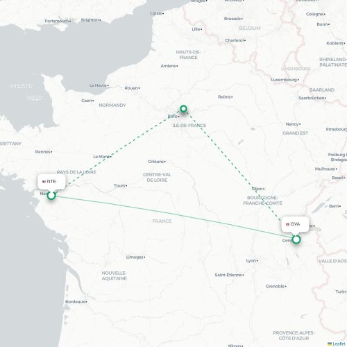Mapa de vuelo directo Nantes - Ginebra