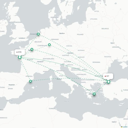 Mapa de vuelo directo Nantes - Estambul