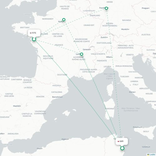 Mapa lotu bezpośredniego Nantes – Monastyr