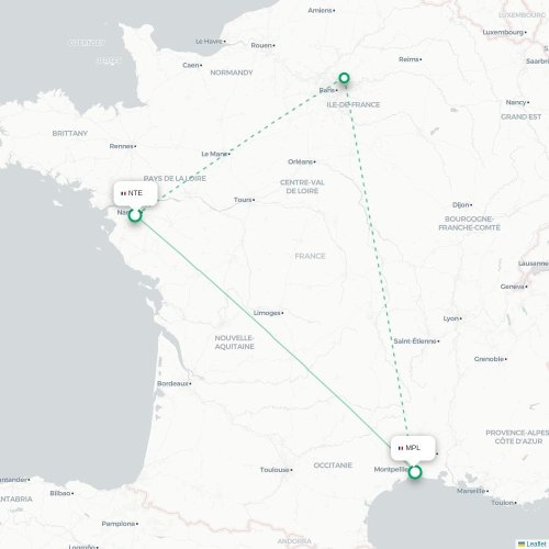 Mapa lotu bezpośredniego Nantes – Montpellier