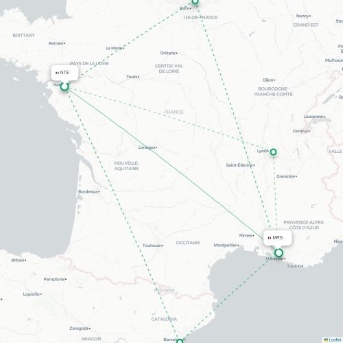 Mapa lotu bezpośredniego Nantes – Marsylia