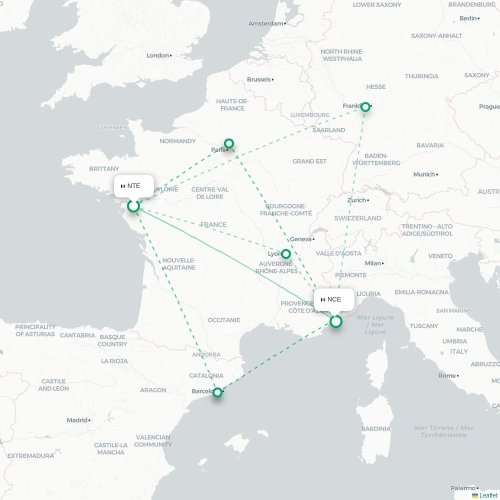 Mapa lotu bezpośredniego Nantes – Nicea