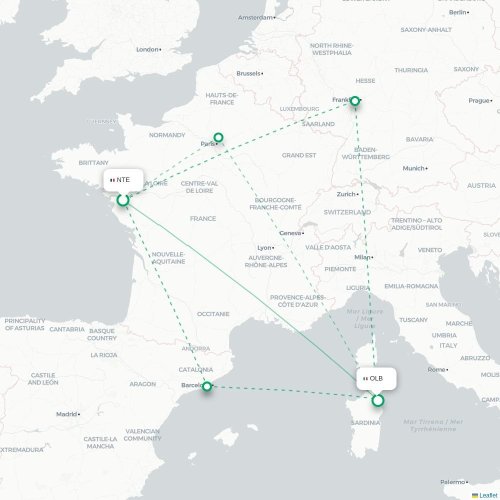 Mapa lotu bezpośredniego Nantes – Olbia