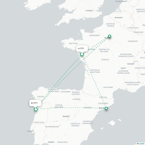 Mapa de vuelo directo Nantes - Oporto