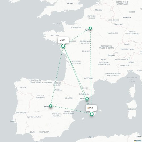 Mapa de vuelo directo Nantes - Palma
