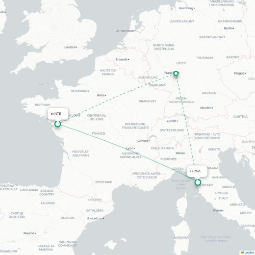 Nantes - Pisa karta över direktflyg