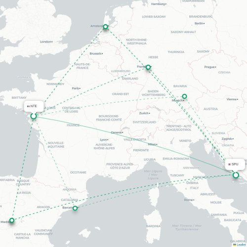 Mapa de vuelo directo Nantes - Split