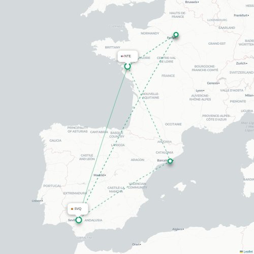 Mapa de vuelo directo Nantes - Sevilla