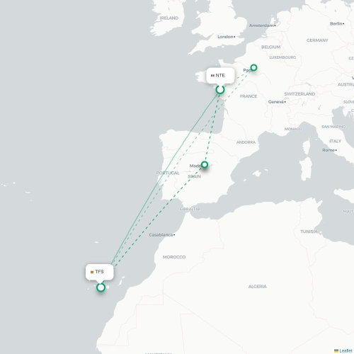 Mapa de vuelo directo Nantes - Granadilla de Abona