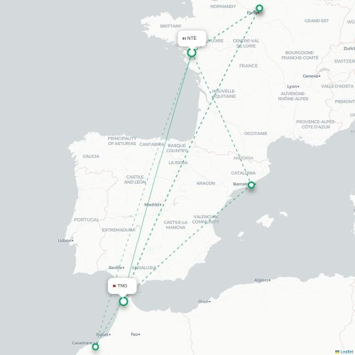 Mapa lotu bezpośredniego Nantes – Tanger
