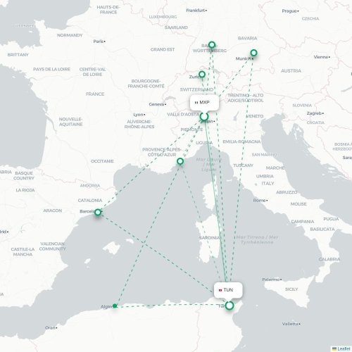 Mapa lotu bezpośredniego Nantes – Tunis