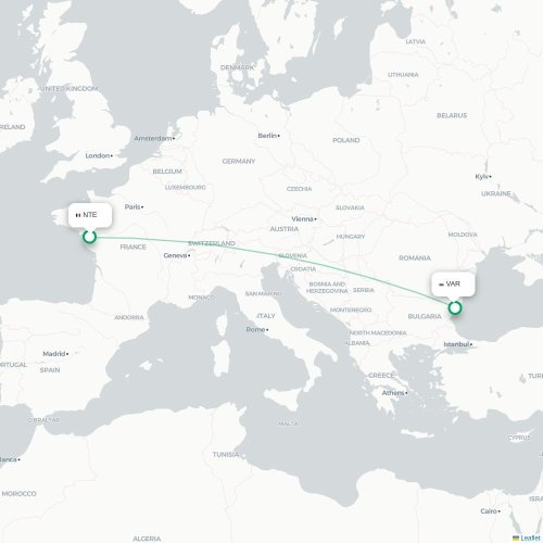 Mapa lotu bezpośredniego Nantes – Warna