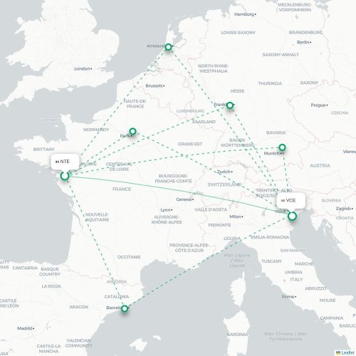 Nantes - Venedig karta över direktflyg