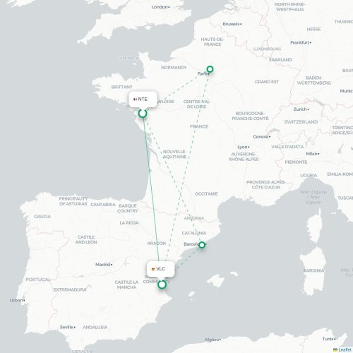 Mapa de vuelo directo Nantes - Valencia