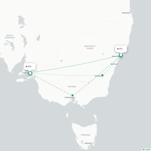 Mapa lotu bezpośredniego Newcastle – Adelajda Południowa