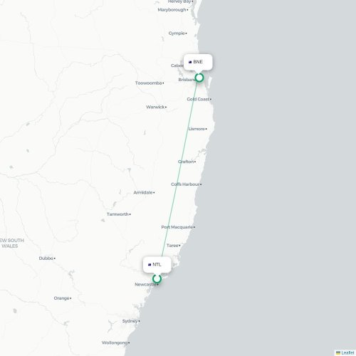 Mapa lotu bezpośredniego Newcastle – Brisbane