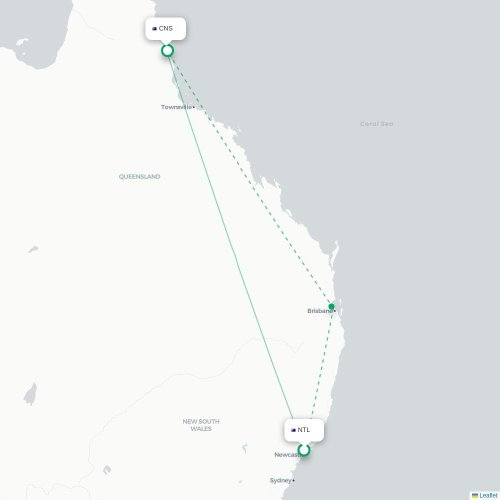 Newcastle - Cairns kort over direkte fly