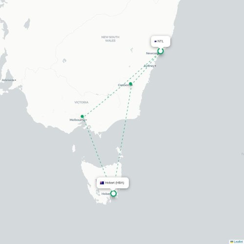 Mapa lotu bezpośredniego Newcastle – Hobart