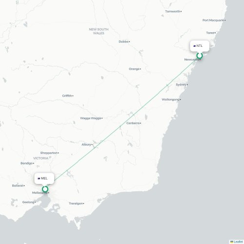 Mapa lotu bezpośredniego Newcastle – Melbourne
