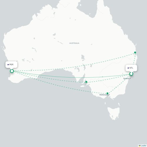 Mapa lotu bezpośredniego Newcastle – Perth Zachodnia