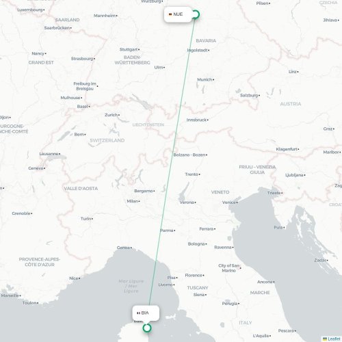 Mapa lotu bezpośredniego Norymberga – Bastia