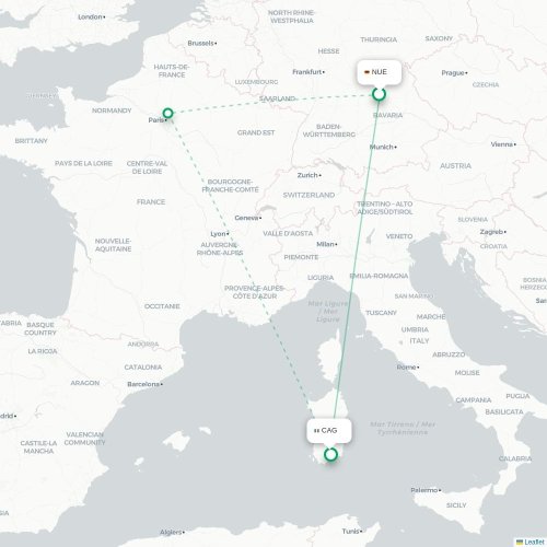 Neurenberg - Cagliari kaart van rechtstreekse vlucht