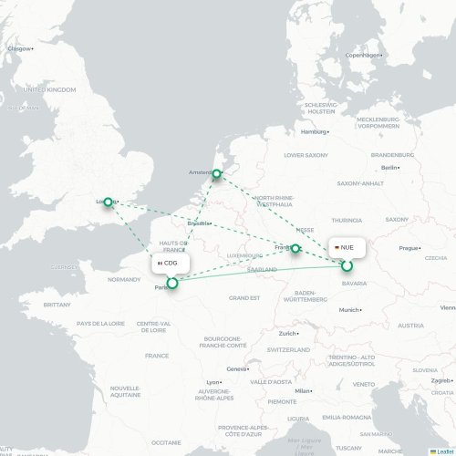 Mapa lotu bezpośredniego Norymberga – Paryż