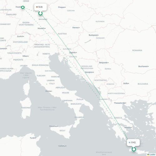 Mapa de vuelo directo Nuremberg - La Canea