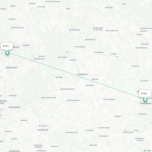Mapa lotu bezpośredniego Norymberga – Frankfurt nad Menem