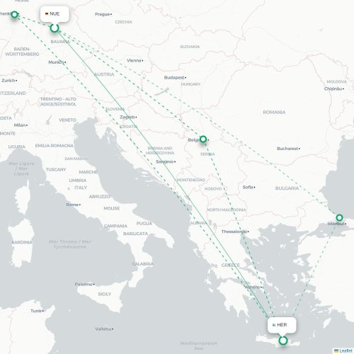 Mapa de vuelo directo Nuremberg - Heraclión
