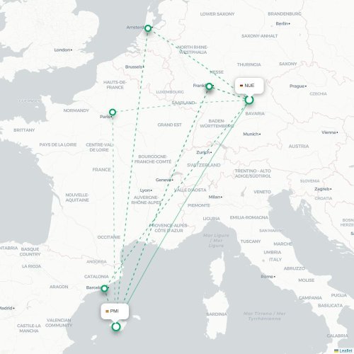 Nürnberg - Palma de Mallorca kort over direkte fly