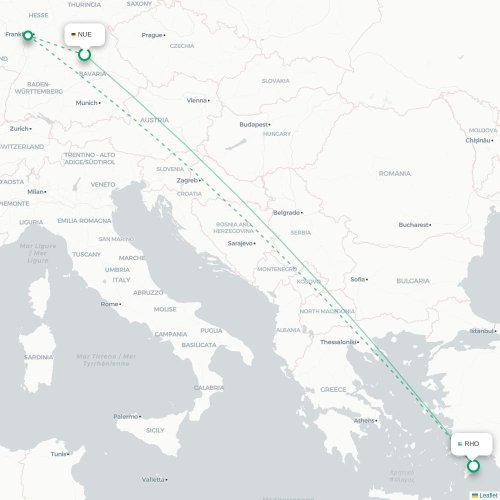 Mapa de vuelo directo Nuremberg - Rodas