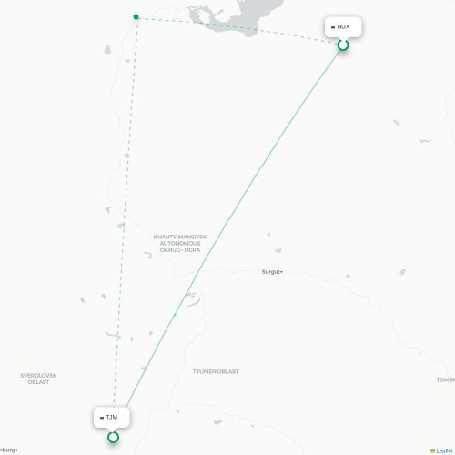 Mapa de vuelo directo Novy Urengoy - Tyumen