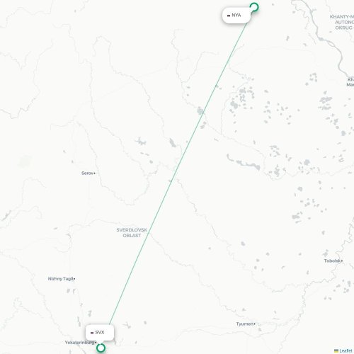 Mapa de vuelo directo Nyagan’ - Ekaterinburgo