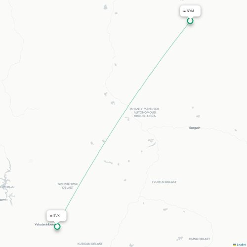 Mapa lotu bezpośredniego Nadym – Jekaterynburg