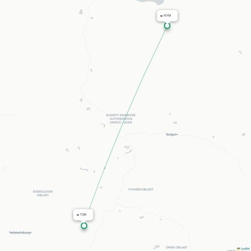 Mapa lotu bezpośredniego Nadym – Tyumen