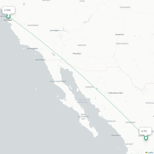 Mapa lotu bezpośredniego Oakland – Zacatecas
