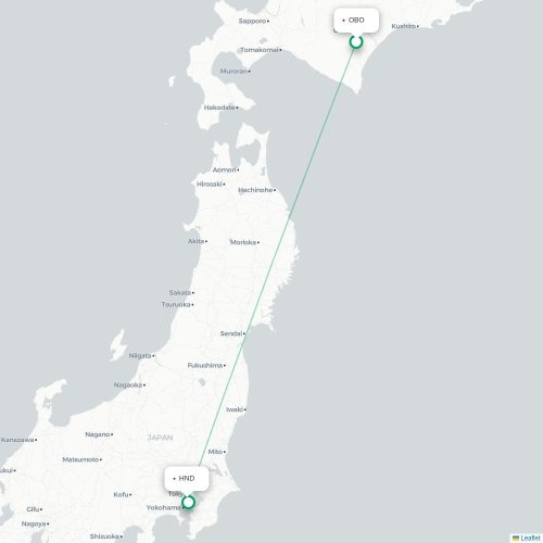 Mapa lotu bezpośredniego Obihiro – Tokio