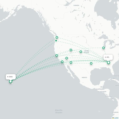 Mapa de vuelo directo Kahului - Atlanta