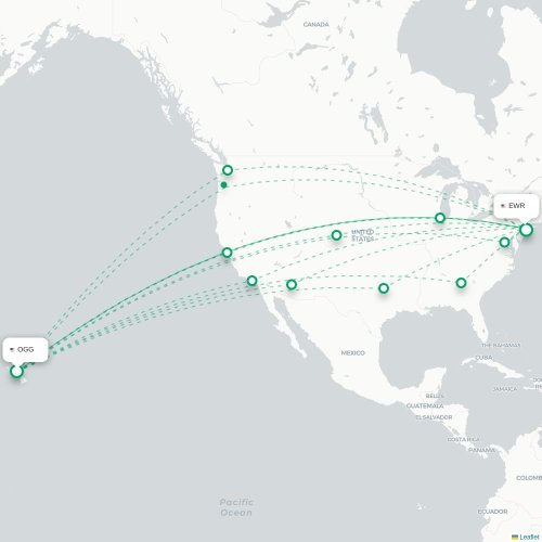 Mapa de vuelo directo Kahului - Newark